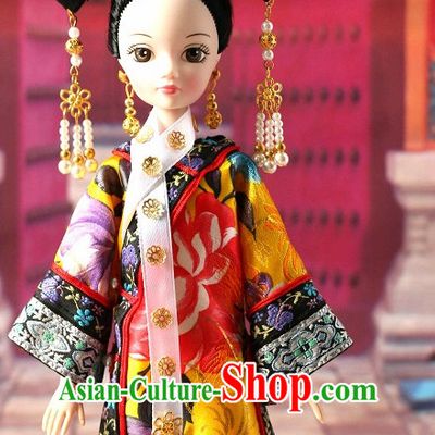 Traditional Qing Dynasty Chinese Women Clothing Imperial Dresses National Costume and Hair Ornaments Complete Set