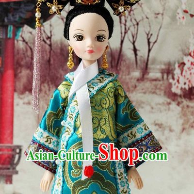 Traditional Qing Dynasty Chinese Women Clothing Imperial Dresses National Costume and Hair Ornaments Complete Set