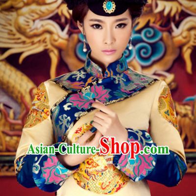 Traditional Qing Dynasty Chinese Women Empress Clothing Imperial Princess Dresses National Costume and Hair Ornaments Complete Set
