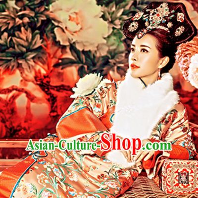 Traditional Qing Dynasty Chinese Women Empress Clothing Imperial Princess Dresses National Costume and Hair Ornaments Complete Set