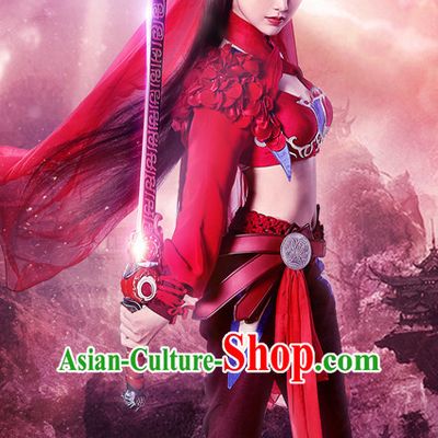 Chinese Ancient Swordswoman Superheroine Costumes and Hair Ornaments Complete Set