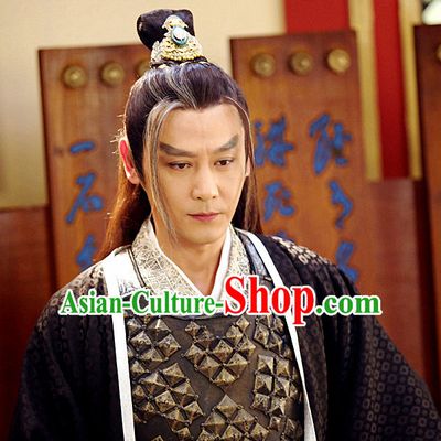 Chinese Ancient Kung Fu Male Long Wigs and Coronet