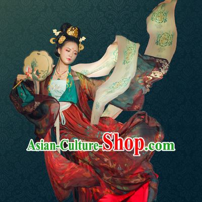 Chinese Traditional Tang Dynasty Royal Stage Hanfu Hanbok Kimono Feitian Costume Dresses Costume Ancient Fairy Garment and Headpieces Complete Set