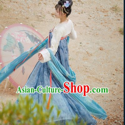 Chinese Traditional Tang Dynasty Royal Stage Hanfu Hanbok Kimono Feitian Costume Dresses Costume Ancient Fairy Garment and Headpieces Complete Set
