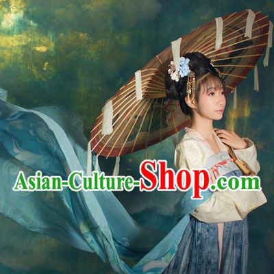 Chinese Traditional Tang Dynasty Royal Stage Hanfu Hanbok Kimono Feitian Costume Dresses Costume Ancient Fairy Garment and Headpieces Complete Set