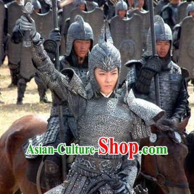 Chinese Traditional Men General Body Armor Stage Hanfu Costume Dresses Costume Ancient Garment and Headpieces Complete Set