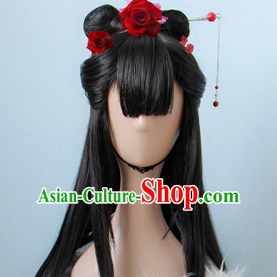 Chinese Ancient Style Long Black Hair Wig Hair Decoration Wigs Set
