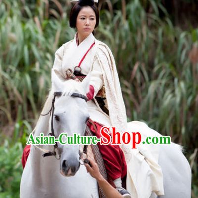 Chinese Female General White Hanfu Cloak Dress Gown Costumes Ancient Costume Clothing Complete Set
