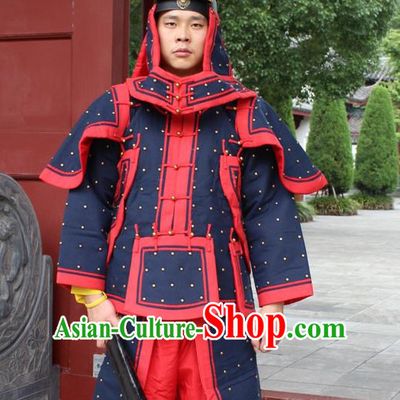 Deep Blue Chinese Qing Dynasty General White Armor Hanfu Dress Gown Costumes Ancient Costume Clothing Complete Set