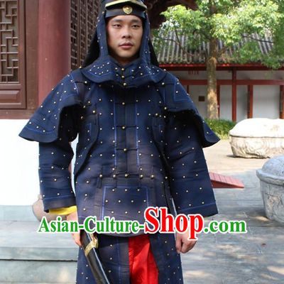 Deep Blue Chinese Qing Dynasty General White Armor Hanfu Dress Gown Costumes Ancient Costume Clothing Complete Set