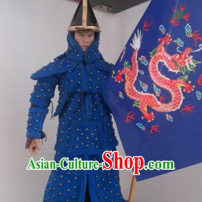 Blue Chinese Qing Dynasty General White Armor Hanfu Dress Gown Costumes Ancient Costume Clothing Complete Set