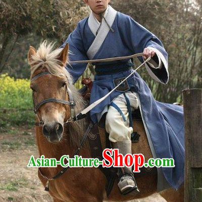 Blue Chinese Men Knight Costume Stage Drama Costumes Parade Costume Complete Set