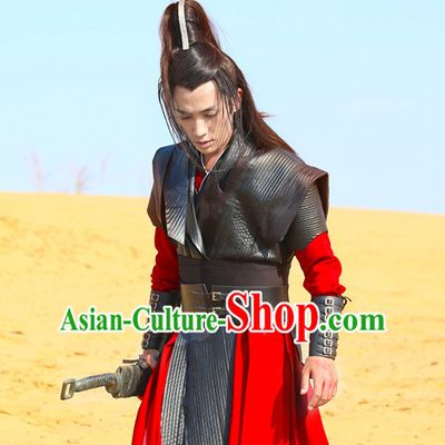 Red Black Chinese Men Knight Costume Stage Drama Costumes Han Fu Costume Complete Set