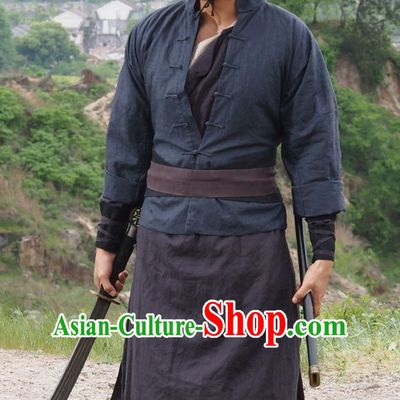 Chinese Ancient Swords Men Kung Fu Costumes and Bamboo Hat Straw Hat Complete Set