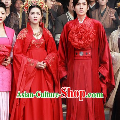 Chinese Ancient Han Dynasty Emperor and Empress Imperial Dresses and Hats Two Complete Sets for Men and Women