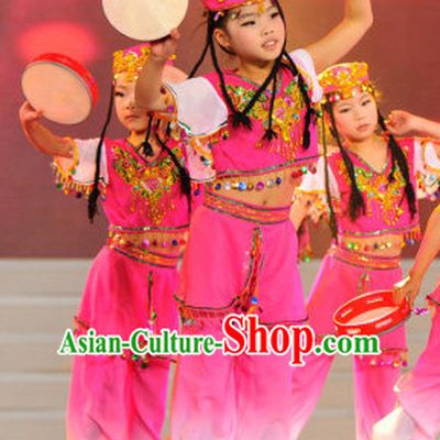 Chinese Xinjiang Minority Dance Costume Dance Costumes Fan Dance Umbrella Ribbon Fans Dance Fan Water Sleeve Costume for Women or Children