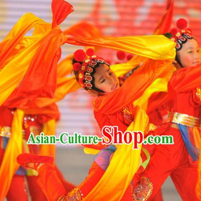 Chinese Stage Dance Costume Dance Costumes Fan Dance Umbrella Ribbon Fans Dance Fan Water Sleeve Costume for Children Girls