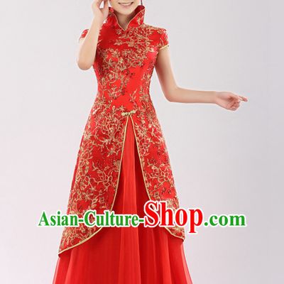 Chinese Traditional Long Evening High Collar Red Dress