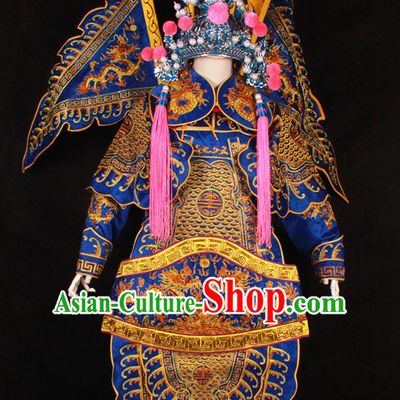 Blue China Beijing Opera Chinese Peking Opera Costume Embroidered Robe Military General Opera Costumes Complete Set