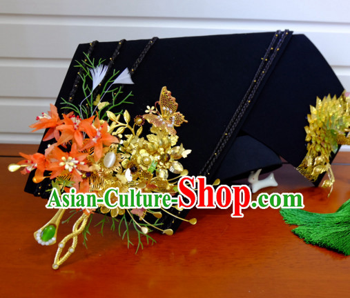 Chinese wig wedding hat emperor crown rings hair stick qing hat Chinese headdress hairpiece