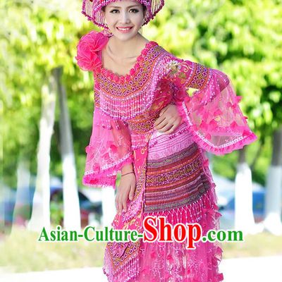Hmong Women Minority Dresses Miao Girls Clothing Ethnic Miao Minority Dance Costume Minority Dress Dance Miao Costumes and Hat Complete Set