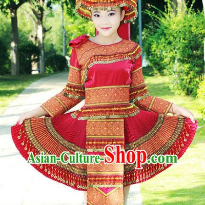 Hmong Women Minority Dresses Miao Girls Clothing Ethnic Miao Minority Dance Costume Minority Dress Dance Miao Costumes and Hat Complete Set