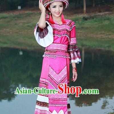Hmong Women Minority Dresses Miao Girls Clothing Ethnic Miao Minority Dance Costume Minority Dress Dance Miao Costumes and Hat Complete Set