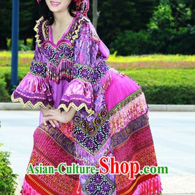 Hmong Women Minority Dresses Miao Girls Clothing Ethnic Miao Minority Dance Costume Minority Dress Dance Miao Costumes and Hat Complete Set