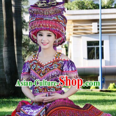 Hmong Women Minority Dresses Miao Girls Clothing Ethnic Miao Minority Dance Costume Minority Dress Dance Miao Costumes and Hat Complete Set