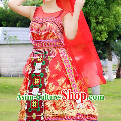 Hmong Women Minority Dresses Miao Girls Clothing Ethnic Miao Minority Dance Costume Minority Dress Dance Miao Costumes and Hat Complete Set