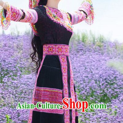 Hmong Women Minority Dresses Miao Girls Clothing Ethnic Miao Minority Dance Costume Minority Dress Dance Miao Costumes and Hat Complete Set