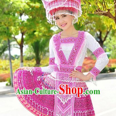 Hmong Women Minority Dresses Miao Girls Clothing Ethnic Miao Minority Dance Costume Minority Dress Dance Miao Costumes and Hat Complete Set