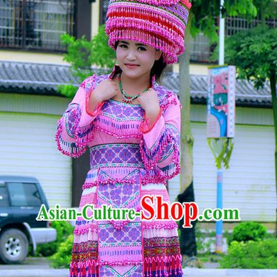 Hmong Women Minority Dresses Miao Girls Clothing Ethnic Miao Minority Dance Costume Minority Dress Dance Miao Costumes and Hat Complete Set