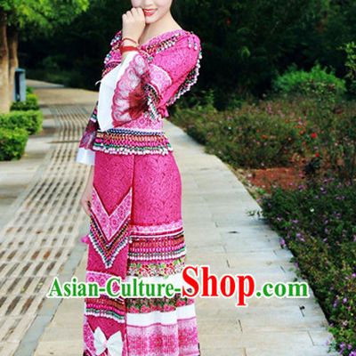Hmong Women Minority Dresses Miao Girls Clothing Ethnic Miao Minority Dance Costume Minority Dress Dance Miao Costumes and Hat Complete Set