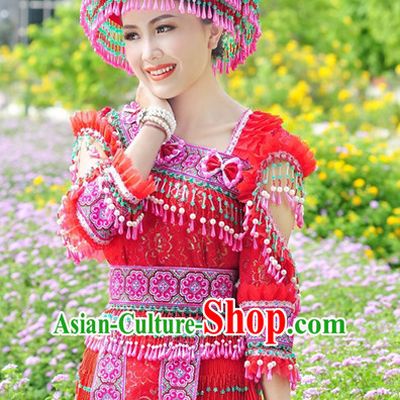 Hmong Women Minority Dresses Miao Girls Clothing Ethnic Miao Minority Dance Costume Minority Dress Dance Miao Costumes and Hat Complete Set
