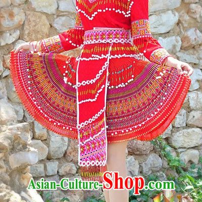 Hmong Women Minority Dresses Miao Girls Clothing Ethnic Miao Minority Dance Costume Minority Dress Dance Miao Costumes and Hat Complete Set