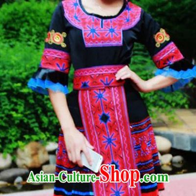 Hmong Women Minority Dresses Miao Girls Clothing Ethnic Miao Minority Dance Costume Minority Dress Dance Miao Costumes and Hat Complete Set