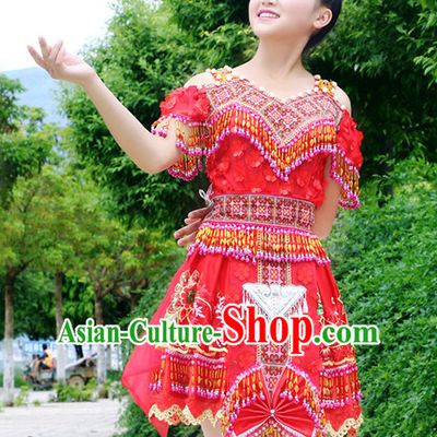 Hmong Women Minority Dresses Miao Girls Clothing Ethnic Miao Minority Dance Costume Minority Dress Dance Miao Costumes and Hat Complete Set