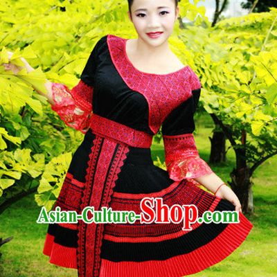 Hmong Women Minority Dresses Miao Girls Clothing Ethnic Miao Minority Dance Costume Minority Dress Dance Miao Costumes and Hat Complete Set