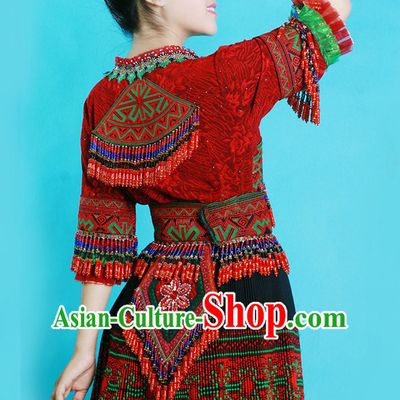 Hmong Women Minority Dresses Miao Girls Clothing Ethnic Miao Minority Dance Costume Minority Dress Dance Miao Costumes and Hat Complete Set