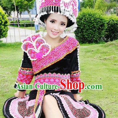 Hmong Women Minority Dresses Miao Girls Clothing Ethnic Miao Minority Dance Costume Minority Dress Dance Miao Costumes and Hat Complete Set