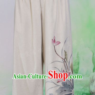 Chinese Classical Hands Painted Lotus Mandarin Pants