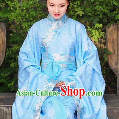 Blue Ancient Chinese Han Dynasty Dresses Hanfu Wedding Dress Hanbok Kimono Complete Set for Women