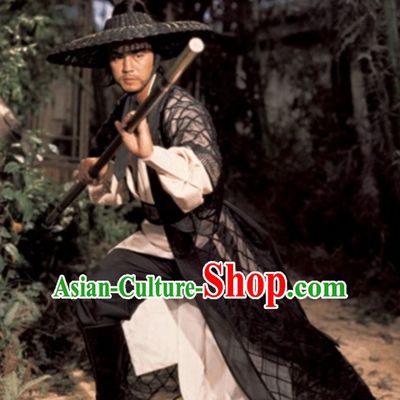 Chinese Ancient Swordsman Clothing Knight Costumes and Bamboo Hat Complete Set for Men