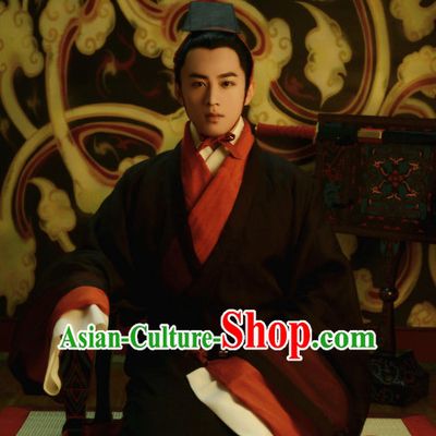 Chinese Ancient Han Dynasty Men Clothing and Hat Complete Set