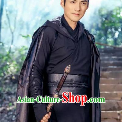Black Ancient Chiinese Knight Samurai Costumes Hanfu Clothes Complete Set for Men
