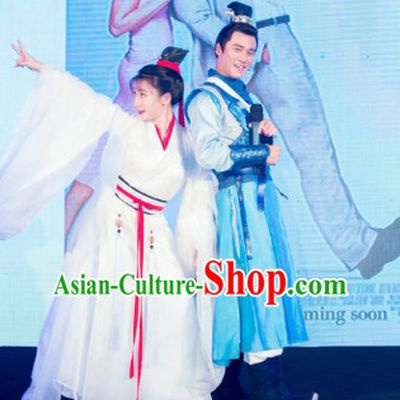 Ancient Chinese Swordsman and Swordswoman Clothes Costumes Clothing and Hair Accessories 2 Complete Sets for Men and Women