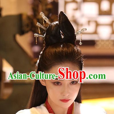 Ancient Chinese Black Long Wigs and Head Jewelry for Women