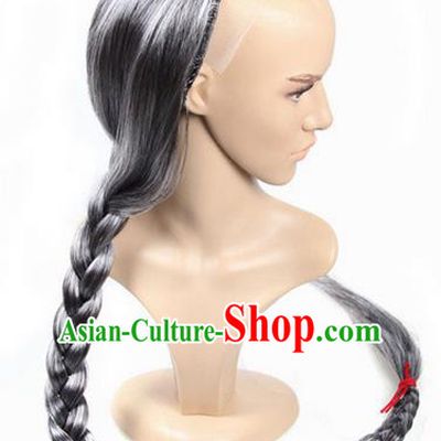 Chinese Ancient Swordsman Long Wig Set, Old Men Wig Set, Traditional Chinese Qing Dynasty Wig Hoods for Men