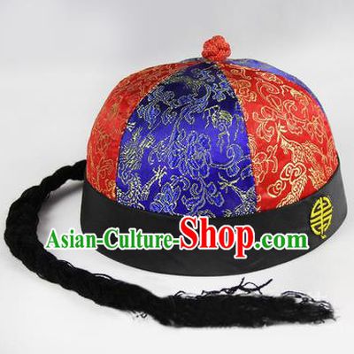 Chinese Ancient Swordsman Long Wig Set, Traditional Chinese Qing Dynasty Hats Wig Hoods for Men